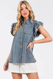 Mittoshop Washed Denim Ruffle Short Sleeve Collared Shirt - Rosa Apparel