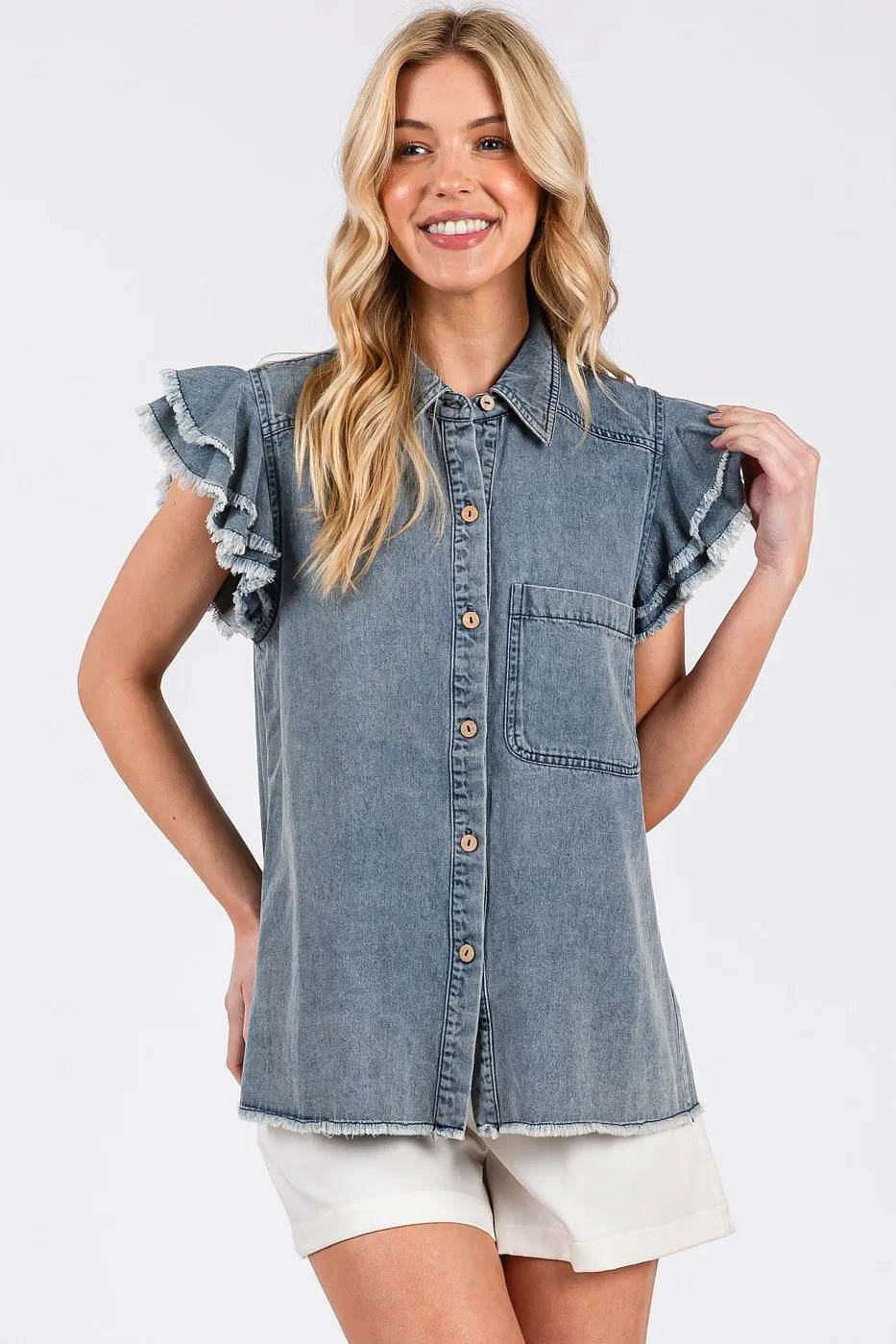 Mittoshop Washed Denim Ruffle Short Sleeve Collared Shirt - Rosa Apparel