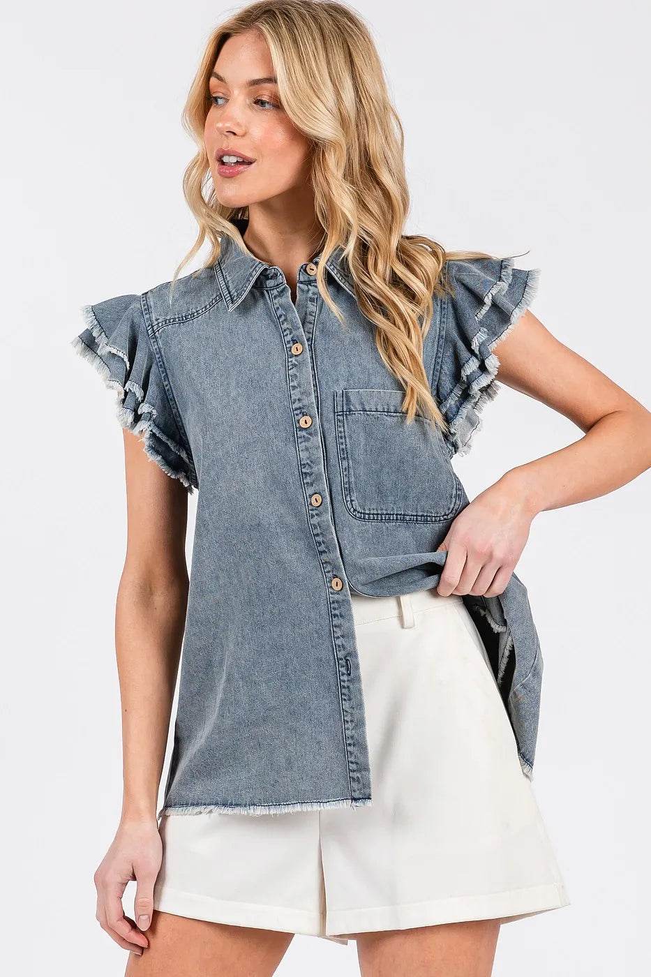 Mittoshop Washed Denim Ruffle Short Sleeve Collared Shirt - Rosa Apparel