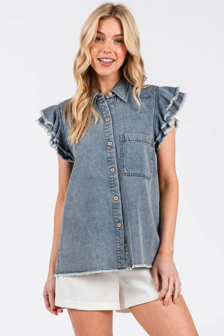 Mittoshop Washed Denim Ruffle Short Sleeve Collared Shirt - Rosa Apparel
