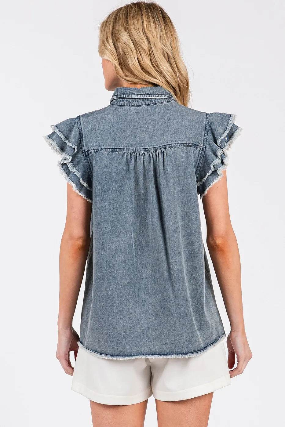 Mittoshop Washed Denim Ruffle Short Sleeve Collared Shirt - Rosa Apparel