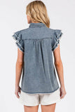 Mittoshop Washed Denim Ruffle Short Sleeve Collared Shirt - Rosa Apparel