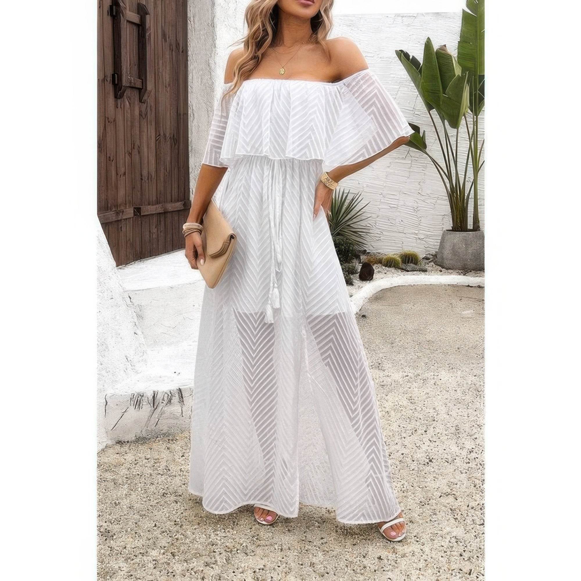 Off Shoulder Solid Tassel Ruffle Trim Split Dress - Rosa Apparel