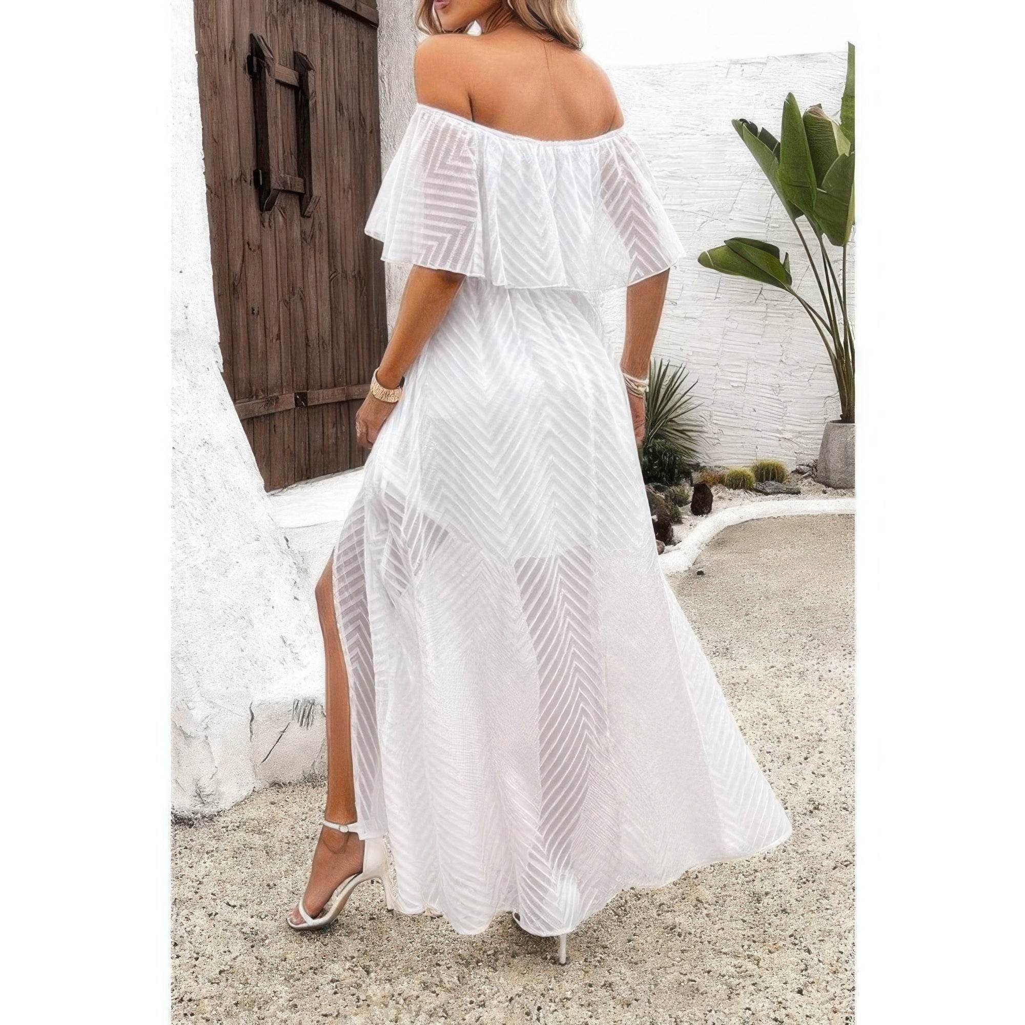 Off Shoulder Solid Tassel Ruffle Trim Split Dress - Rosa Apparel