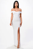 Off the shoulder cross front scuba crepe long side slit gown