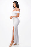 Off the shoulder cross front scuba crepe long side slit gown