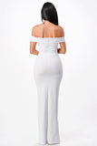Off the shoulder cross front scuba crepe long side slit gown