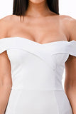 Off the shoulder cross front scuba crepe long side slit gown
