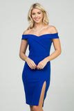Off the shoulder cross front solid scuba crepe side slit pencil dress.