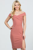 Off the shoulder cross front solid scuba crepe side slit pencil dress.