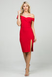 Off the shoulder cross front solid scuba crepe side slit pencil dress.