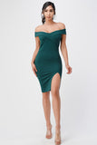 Off the shoulder cross front solid scuba crepe side slit pencil dress.
