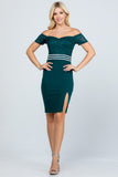 Off the shoulder embellished waist sequin lace and scuba crepe pencil dress with slit