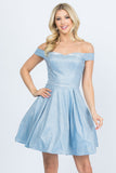Off the shoulder skater dress in non falling glittered jacquard fabric