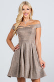 Off the shoulder skater dress in non falling glittered jacquard fabric