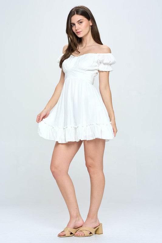 One and Only Chic Off Shoulder Ruffle Puff Sleeves Casual Fabric Mini Dress - Rosa Apparel
