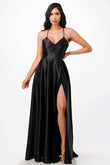 Open side back spaghetti zig zag tie stretch satin gown.