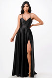 Open side back spaghetti zig zag tie stretch satin gown.