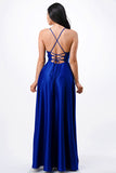 Open side back spaghetti zig zag tie stretch satin gown.