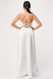 Open side back spaghetti zig zag tie stretch satin gown.