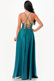 Open side back spaghetti zig zag tie stretch satin gown.
