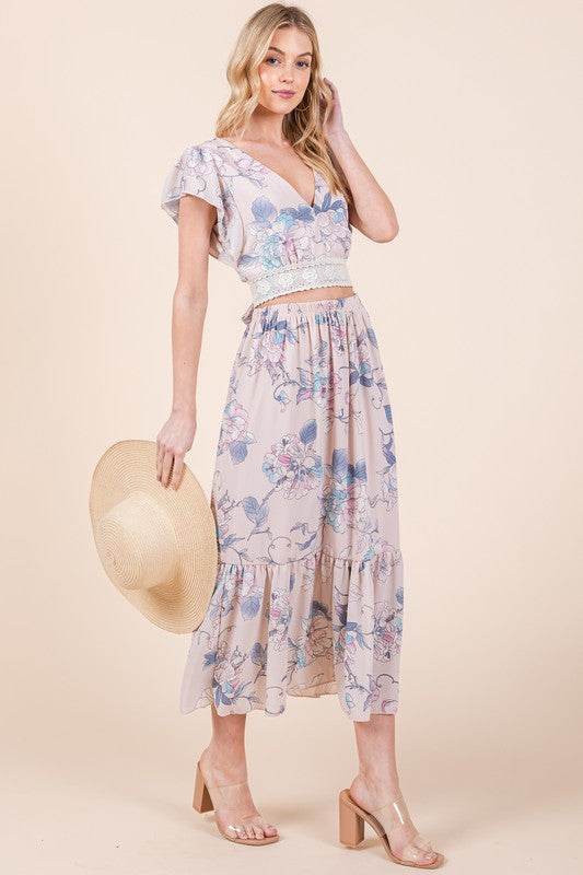 Orange Farm Floral Print Skirt Set with Tie Back Blouse - Rosa Apparel