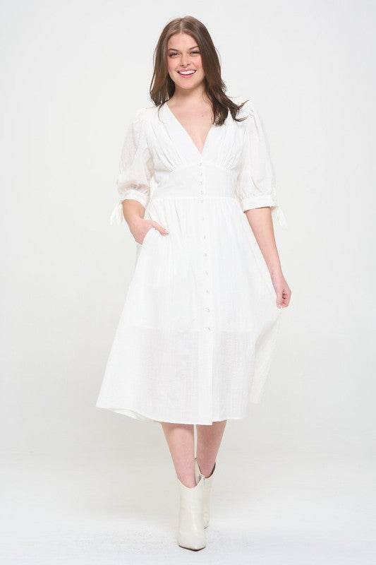 PLUS 3/4 PUFF SLV TEXTURED BUTTON DOWN MIDI DRESS - Rosa Apparel