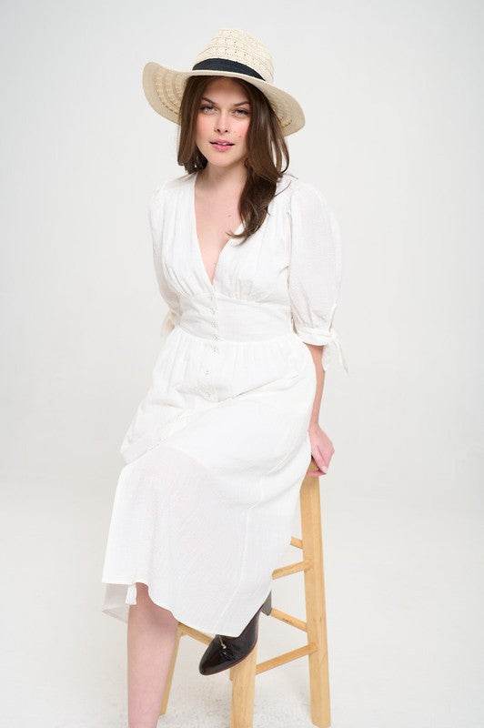 PLUS 3/4 PUFF SLV TEXTURED BUTTON DOWN MIDI DRESS - Rosa Apparel