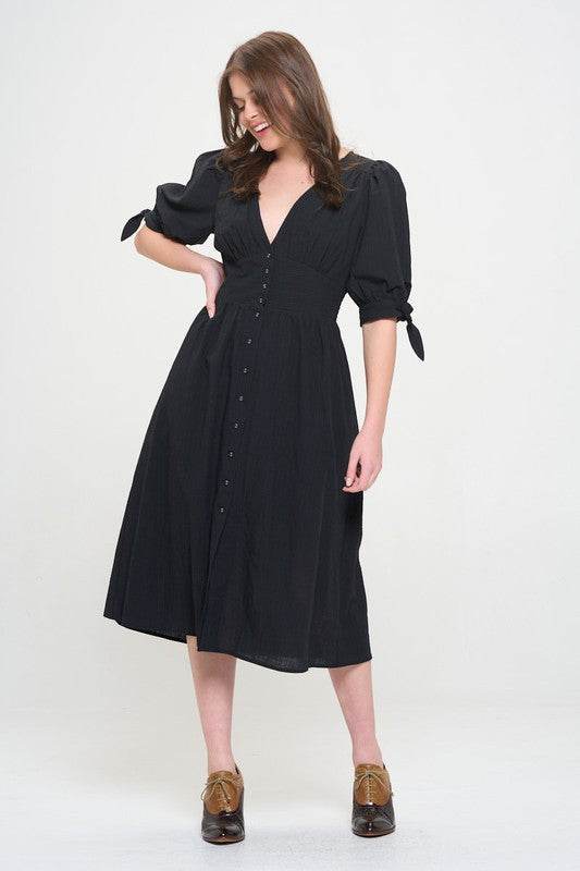 PLUS 3/4 PUFF SLV TEXTURED BUTTON DOWN MIDI DRESS - Rosa Apparel