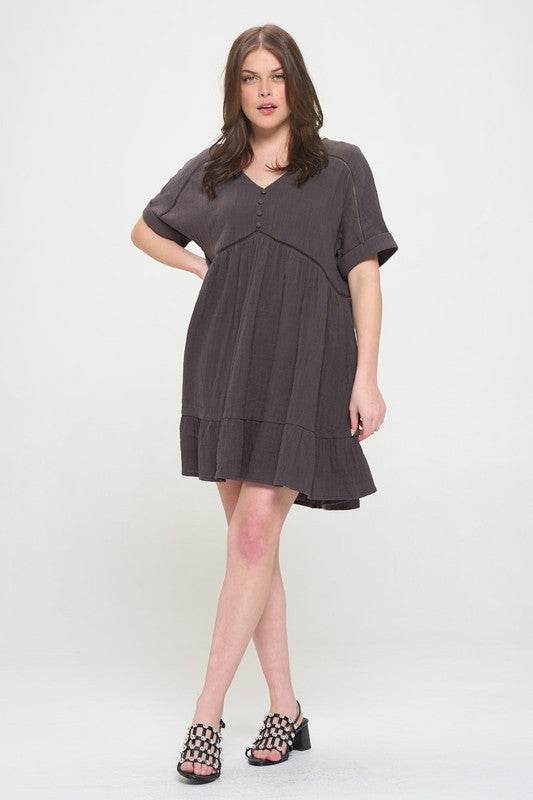 PLUS SIZE SHORT SLV BUTTON DOWN V-NECK SHORT DRESS - Rosa Apparel