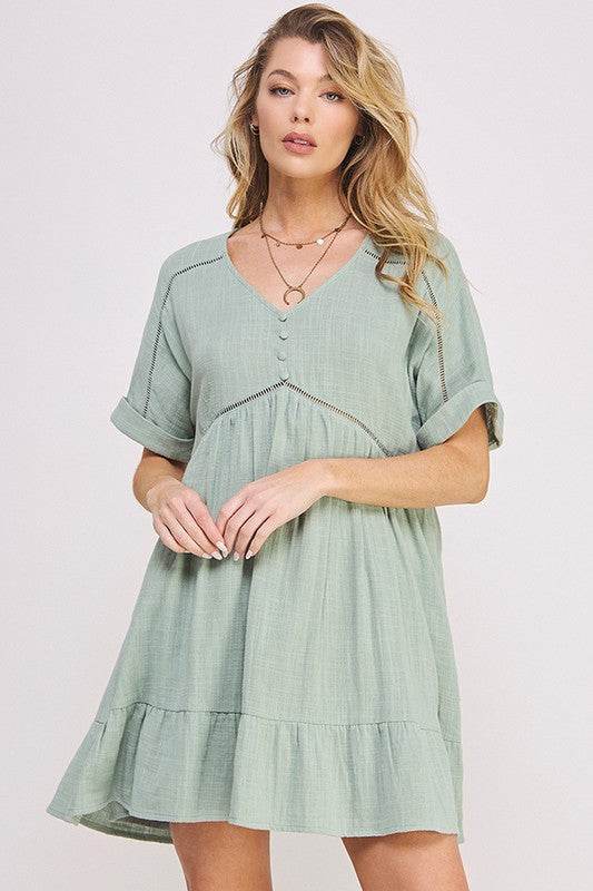 PLUS SIZE SHORT SLV BUTTON DOWN V-NECK SHORT DRESS - Rosa Apparel