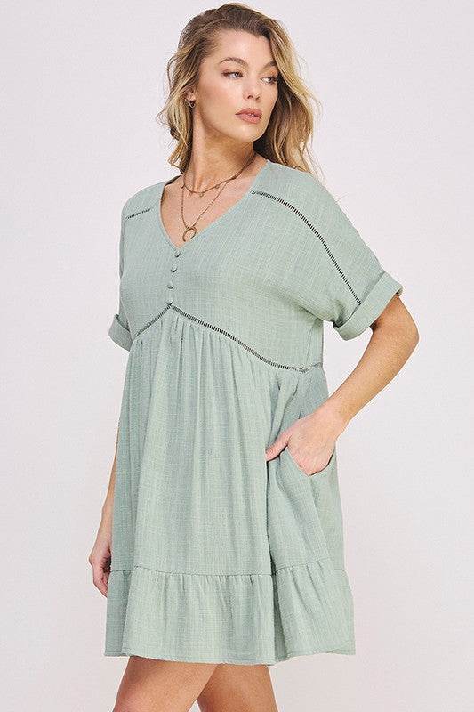 PLUS SIZE SHORT SLV BUTTON DOWN V-NECK SHORT DRESS - Rosa Apparel