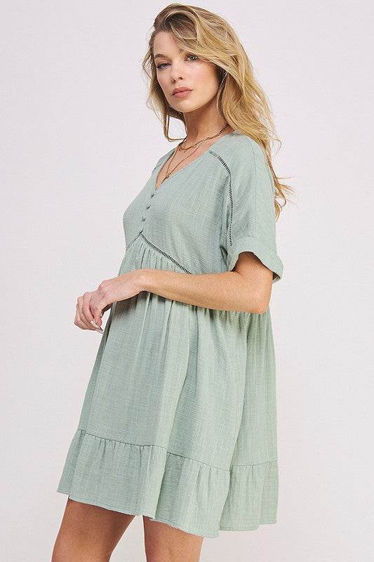 PLUS SIZE SHORT SLV BUTTON DOWN V-NECK SHORT DRESS - Rosa Apparel