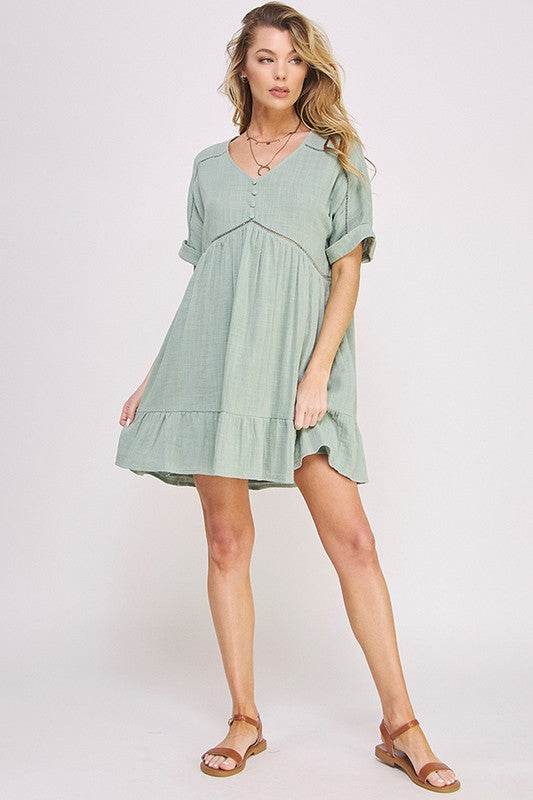 PLUS SIZE SHORT SLV BUTTON DOWN V-NECK SHORT DRESS - Rosa Apparel