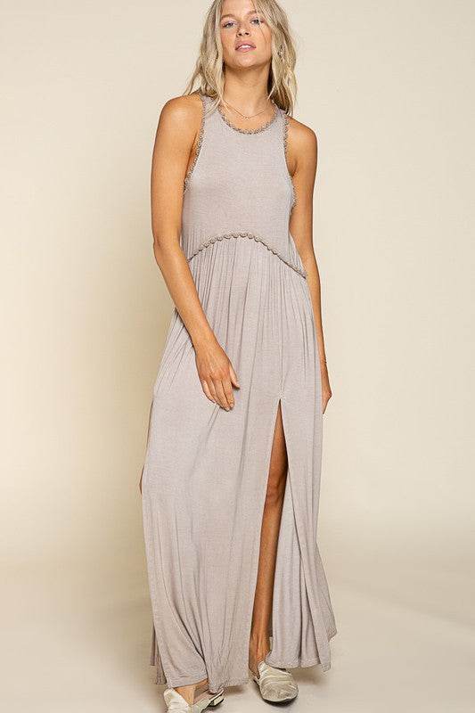 POL Stone Washed Side Slit Cut Out Round Neck Sleveless Maxi Dress - Rosa Apparel
