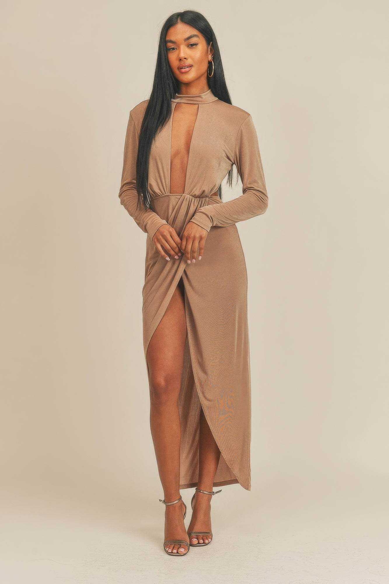 Pecan Brown Open Front Dress - Rosa Apparel
