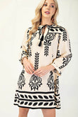 Printed 3/4 Sleeve Dress With Tassel Tie And Fringe Detail On Hem - Rosa Apparel