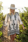 Printed 3/4 Sleeve Dress With Tassel Tie And Fringe Detail On Hem - Rosa Apparel