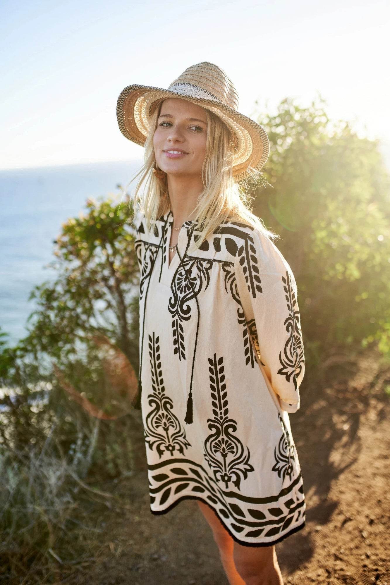 Printed 3/4 Sleeve Dress With Tassel Tie And Fringe Detail On Hem - Rosa Apparel