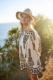 Printed 3/4 Sleeve Dress With Tassel Tie And Fringe Detail On Hem - Rosa Apparel