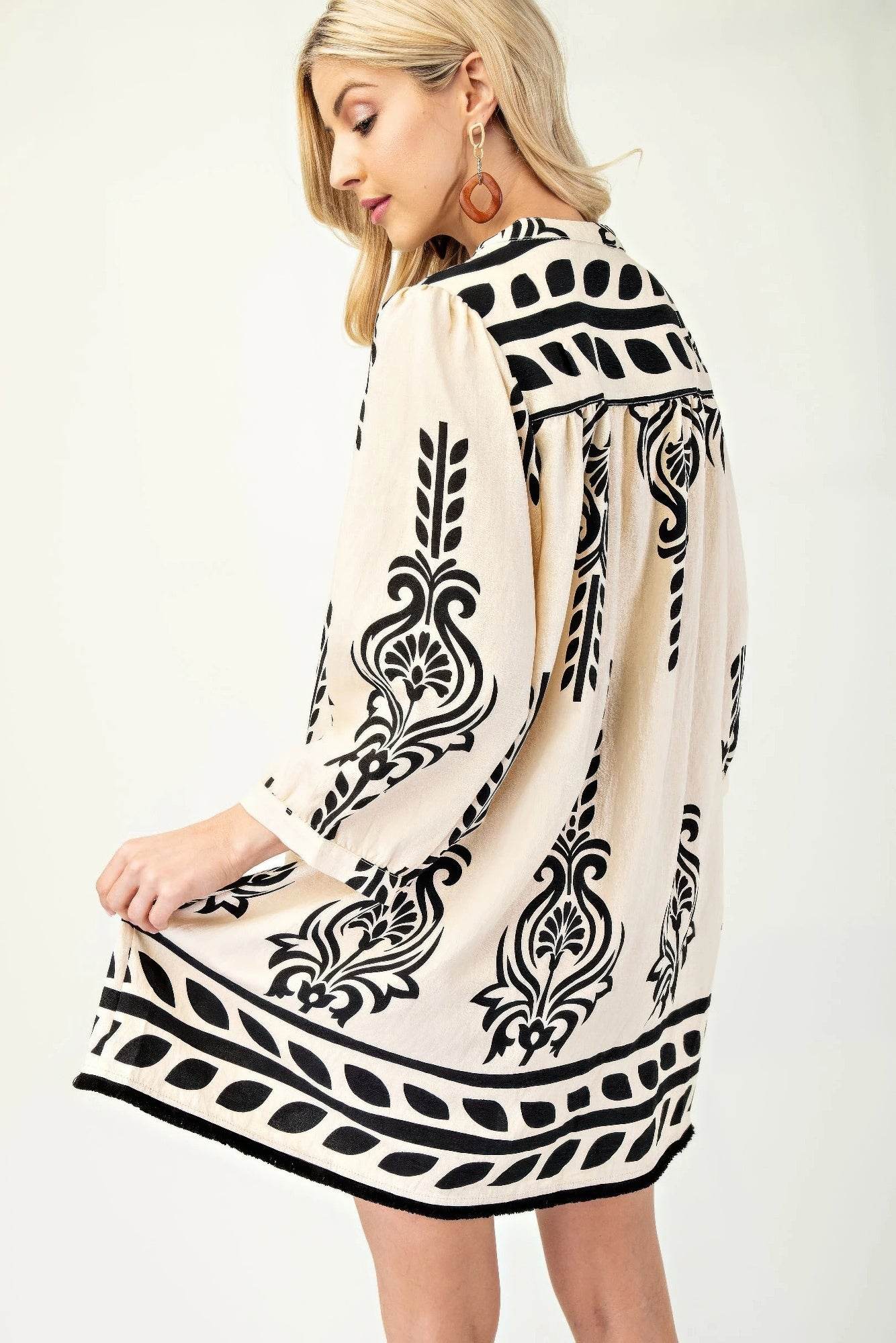 Printed 3/4 Sleeve Dress With Tassel Tie And Fringe Detail On Hem - Rosa Apparel