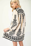 Printed 3/4 Sleeve Dress With Tassel Tie And Fringe Detail On Hem - Rosa Apparel