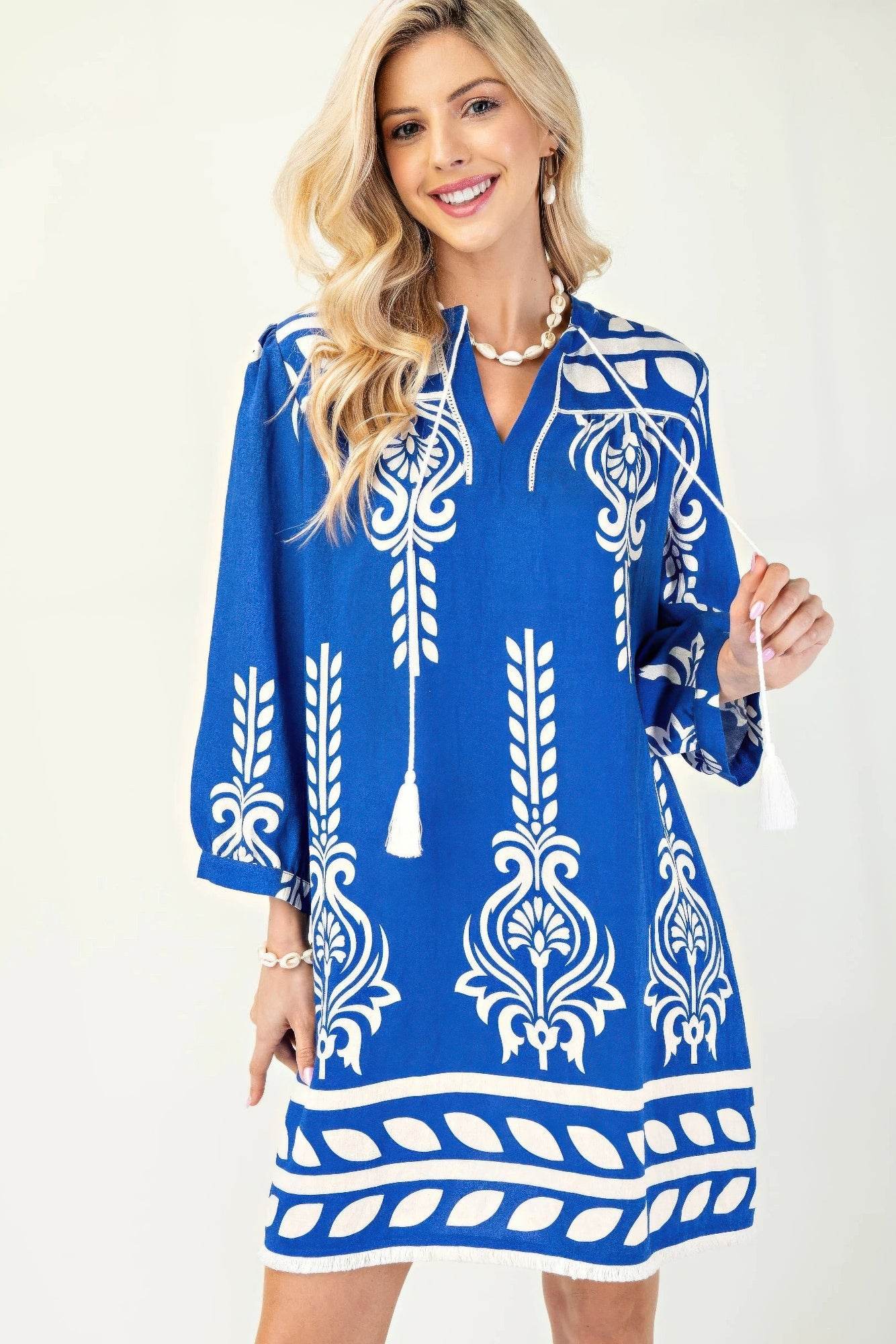 Printed 3/4 Sleeve Dress With Tassel Tie And Fringe Detail On Hem - Rosa Apparel