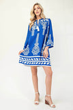 Printed 3/4 Sleeve Dress With Tassel Tie And Fringe Detail On Hem - Rosa Apparel