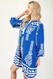 Printed 3/4 Sleeve Dress With Tassel Tie And Fringe Detail On Hem - Rosa Apparel