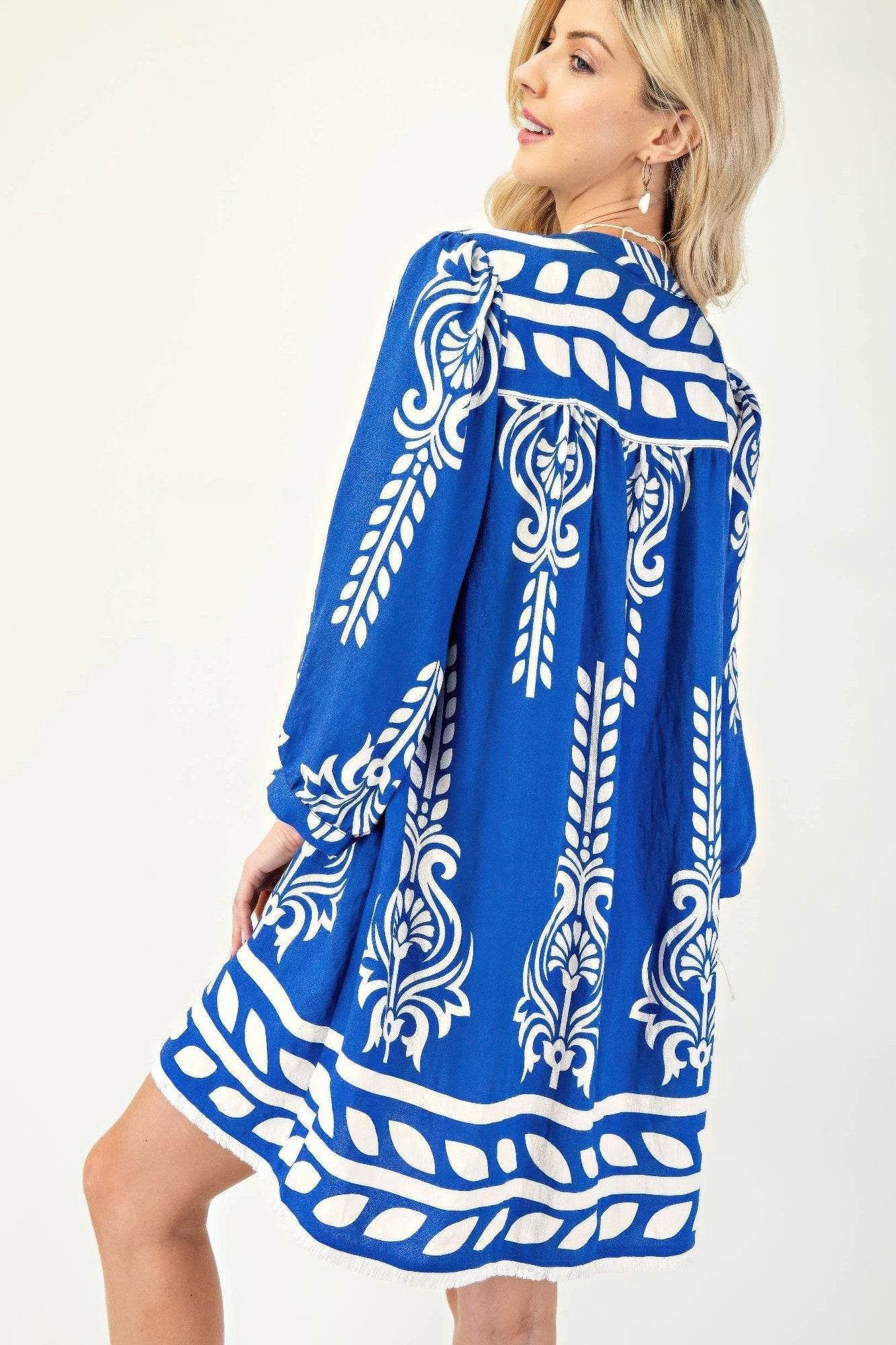 Printed 3/4 Sleeve Dress With Tassel Tie And Fringe Detail On Hem - Rosa Apparel
