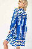 Printed 3/4 Sleeve Dress With Tassel Tie And Fringe Detail On Hem - Rosa Apparel