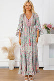 Printed Tassel Tie V-Neck Tiered Dress - Rosa Apparel