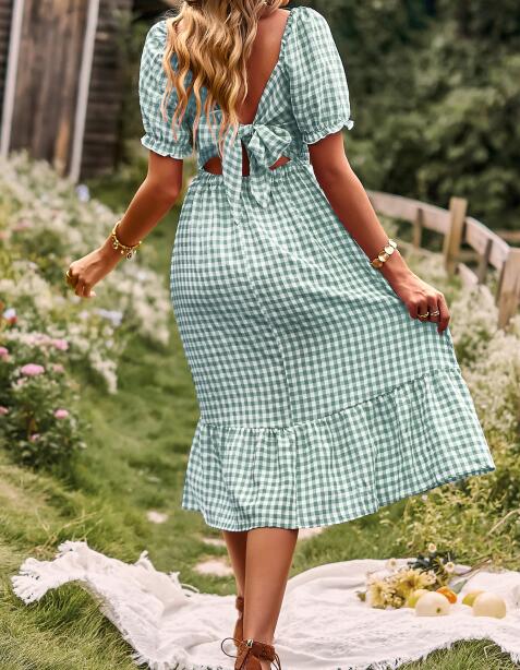 Miss Sparkling Gingham Square Neck Midi Dress