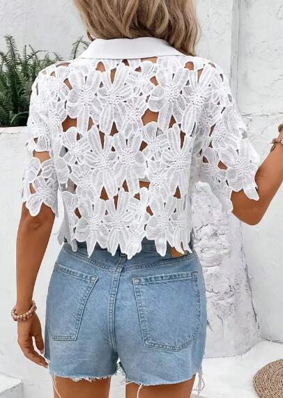 Miss Sparkling Cut-Out Cropped Lace Button Shirt